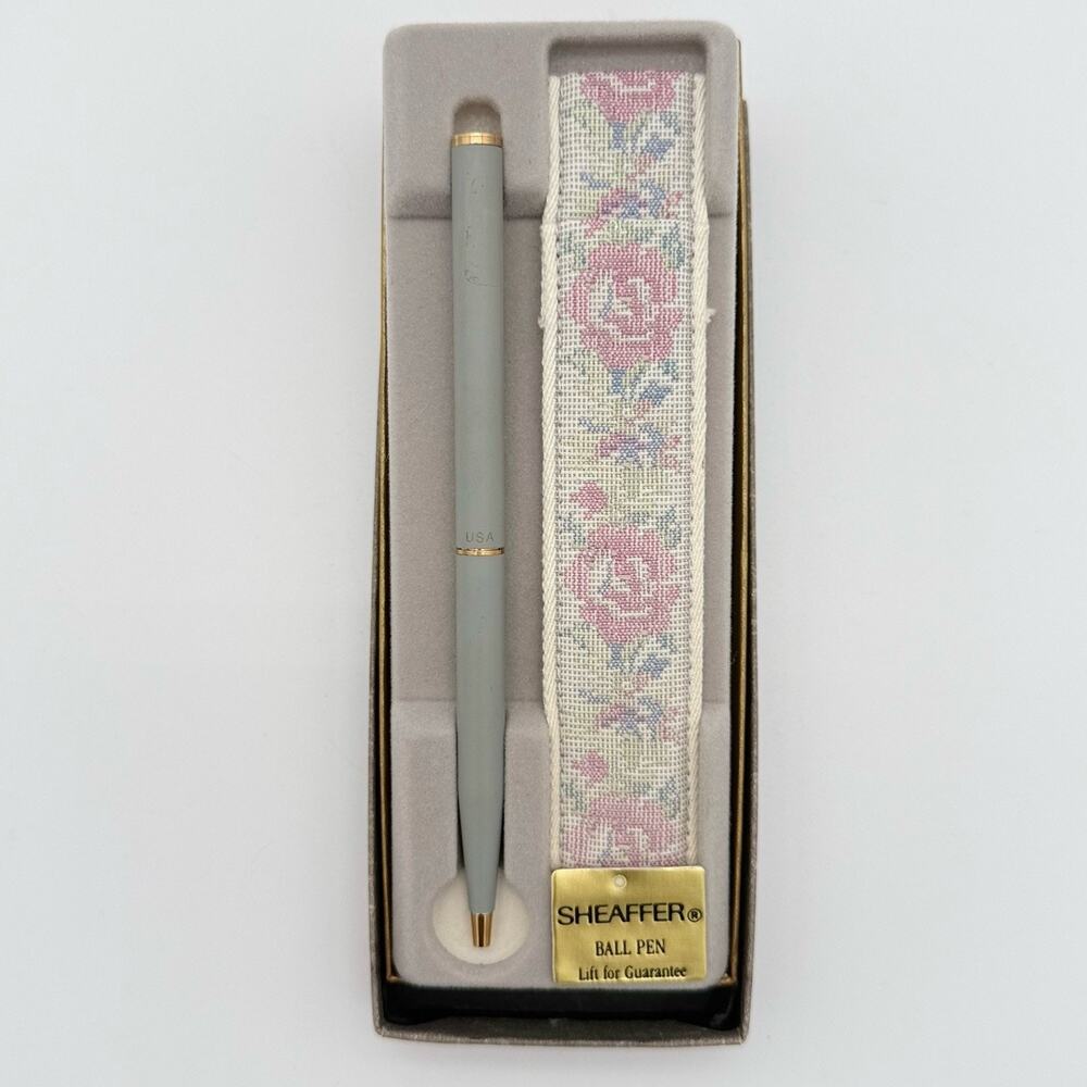 Vintage Sheaffer White Dot Fashion Ballpoint Pen Pastel Blue Rose Tapestry Case